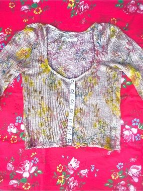 We The Free Pink Floral Ribbed Button Top